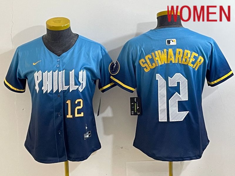 Women Philadelphia Phillies #12 Schwarber Blue City Edition Nike 2024 MLB Jersey style 3->women mlb jersey->Women Jersey